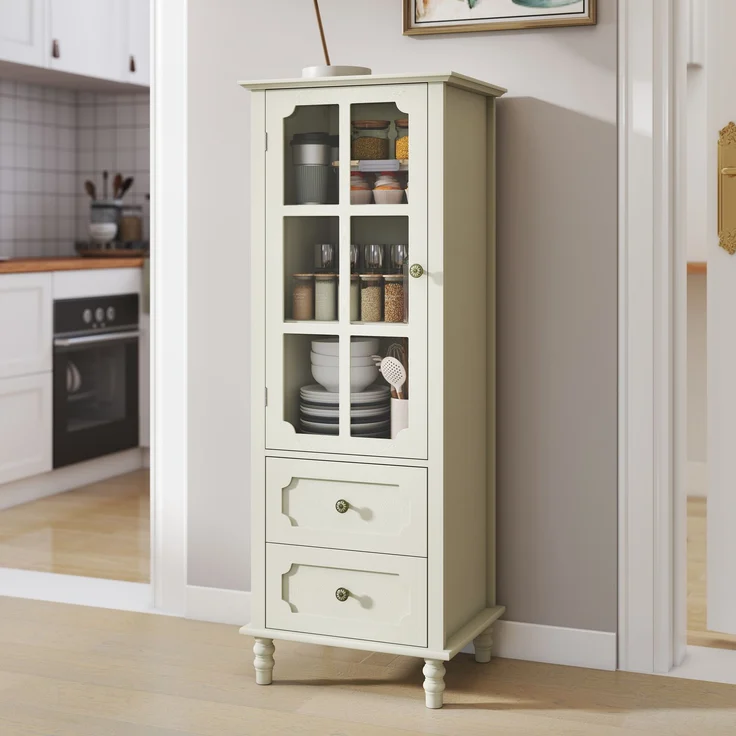 Vitrinenschrank 50x40x133 cm in Cremeweiß mit Glastür und 2 Schubladen – Bild 4