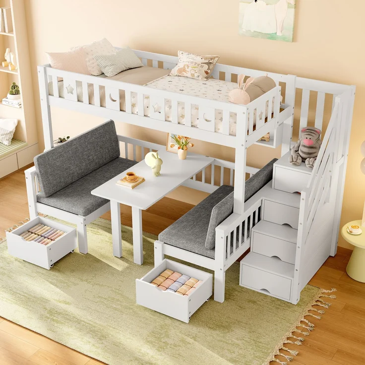 Hochbett 90x200 cm, multifunktionales Kinderbett mit integriertem Klapptisch, Stauraumleiter und gepolstertem Unterbett – Bild 4