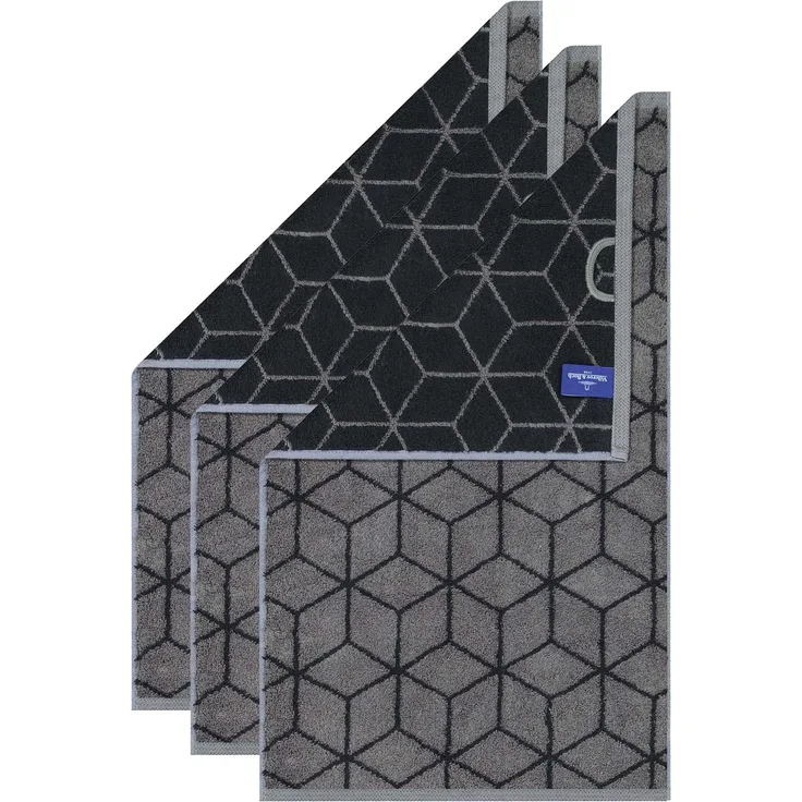 Villeroy & Boch Gästetuch, 3er Pack - Carré, Walkfrottier, gemustert, Handtuch, Baumwolle Dunkelgrau/Schwarz 30x50 cm