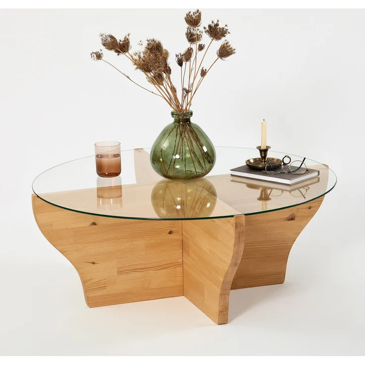 Modern Coffee Table, 92 cm Teak Color, 100% Tempered Glass & Pine Solid Wood Frame, 36 cm Height | Stylish & Functional for Living Spaces – Bild 4
