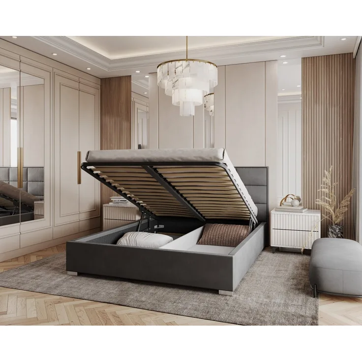 FDM Polsterbett Bettgestell Bettrahmen 120x200, 140x200, 160x200, 180x200cm (MADE IN EU - mit hochwertigem Velours Bezug, Bettrahmen, Bett, Optional mit Matratze bestellbar, mit großen gepolsterten Kopfteil), Mettelrahmen mit hydraulischer Klappfunktio...