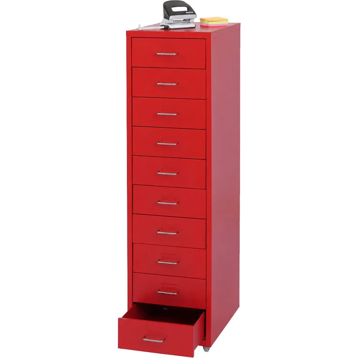 Rollcontainer Boston T851, Schubladenschrank Stahlschrank, 110x28x41cm 10 Schubladen ~ rot