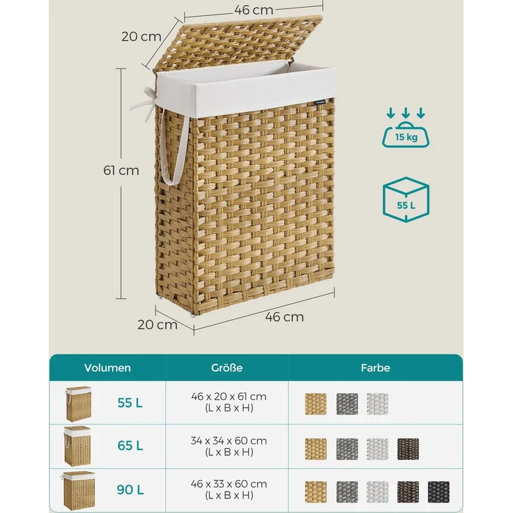 Songmics Wäschekorb mit herausnehmbarem Wäschesack, synthetisches Rattan Pastellgelb, 55L – Bild 5