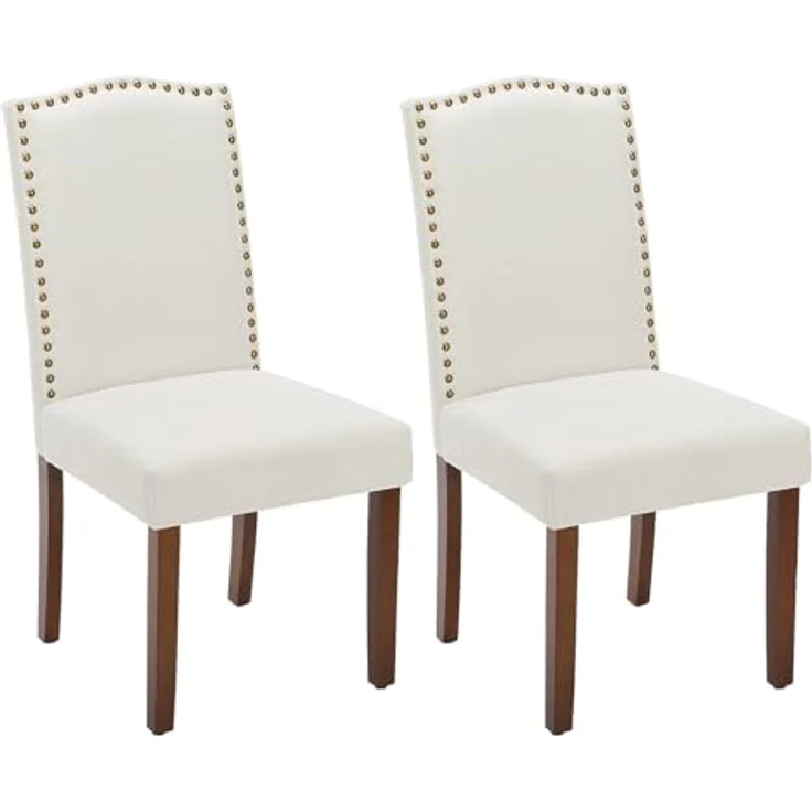 Sweetcripy Esszimmerstuhl (2er Set), Hochwertige gepolsterte Leder-Esszimmerstühle mit Nagelkopfverzierung und Holzbeinen, Esszimmerstühle für Schlafzimmer, Wohnzimmer, Esszimmer, Beige White – Bild 2