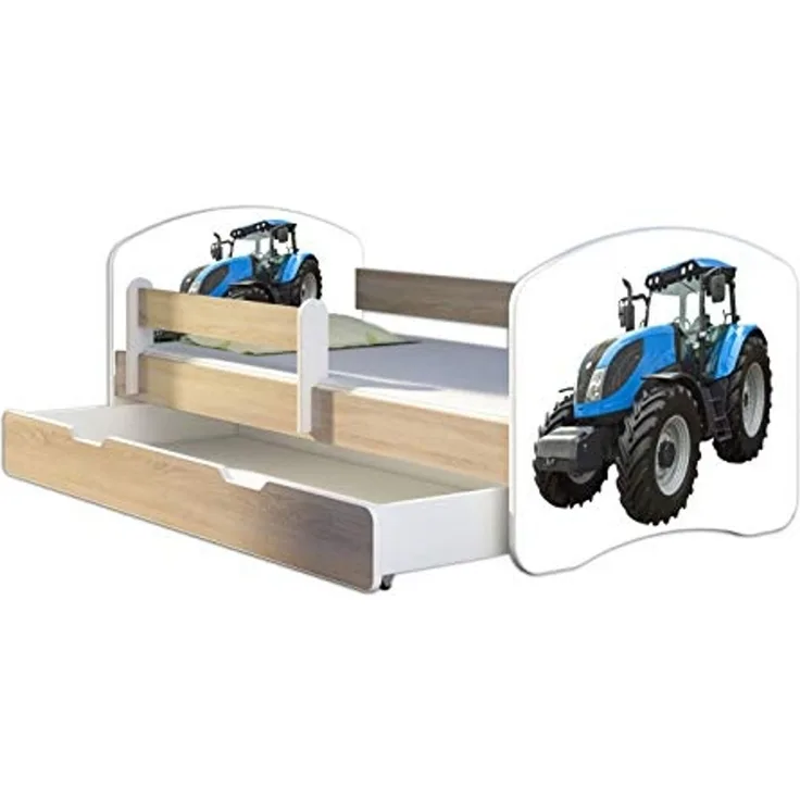 Kinderbett Jugendbett mit einer Schublade und Matratze Sonoma mit Rausfallschutz Lattenrost ACMA II 140x70 160x80 180x80 (42 Traktor, 160x80 + Bettkasten)