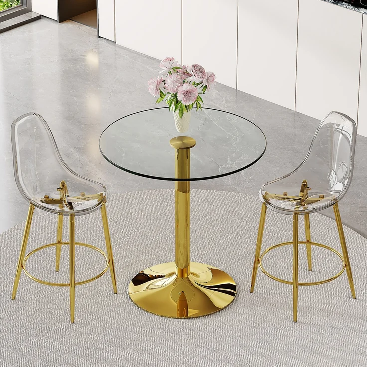 Bar-Set mit Glasplatte & 2 transparenten Hockern, Ø 89x92 cm, Gold/Transparent – Bild 4