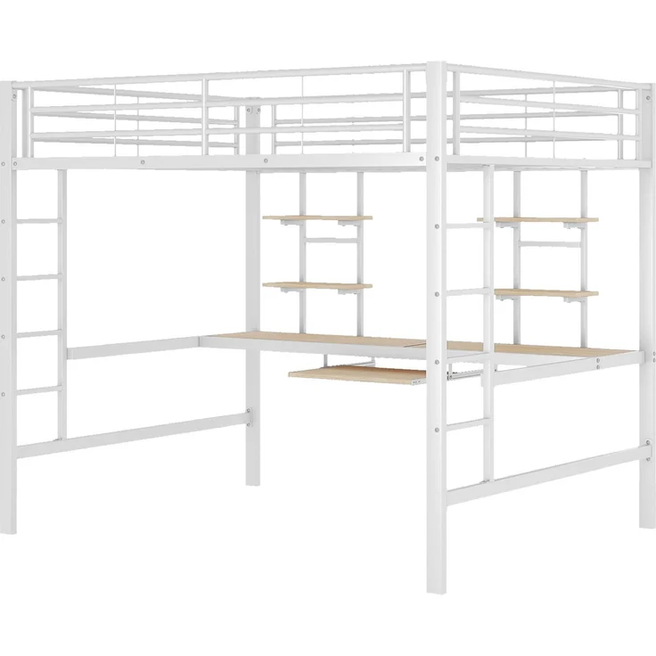 Hochbett 140x200 cm mit Schreibtisch und 2 Regalen – Metallbett in Weiß – Bild 7
