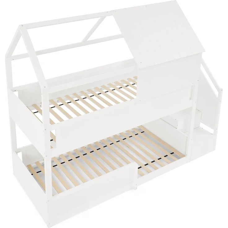 Etagenbett 80×200 cm mit Rausfallschutz und Treppe, Massivholz, Weiß, ohne Matratze – Bild 9