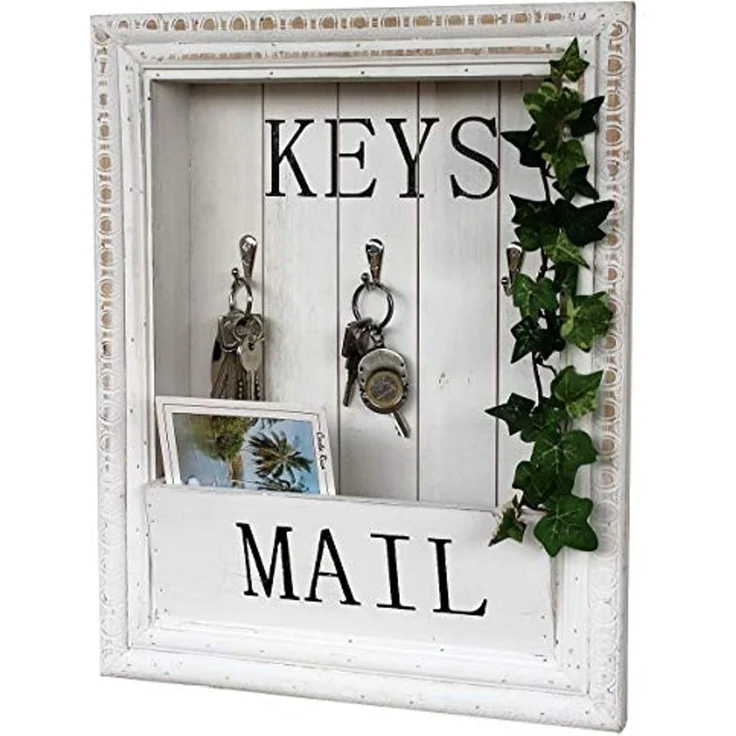 DanDiBo Wandorganizer Vintage Schlüsselbrett Holz mit Ablage 18SE011 Weiß 41 cm Schlüsselboard Briefablage Schlüsselkasten Shabby Chic Memoboard – Bild 1