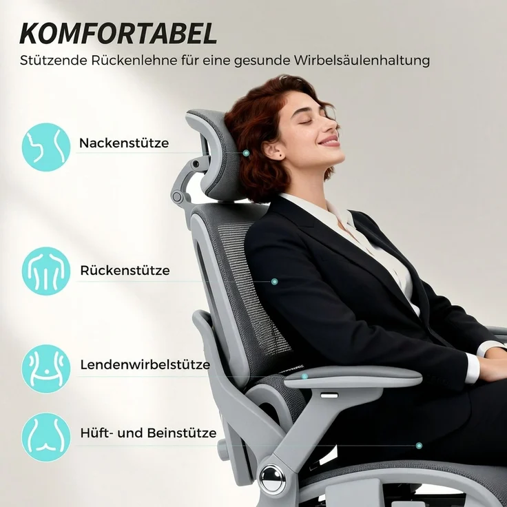 MELAYR, Ergonomischer Bürostuhl, Mesh-Computersessel mit separatem Rücken, Lendenstütze, 74 x 67 x 132 cm, Grau – Bild 6