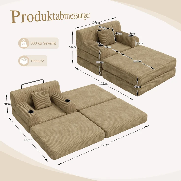 ZUBALIYA Schlafsofa 162x81 cm, mit Stauraum, mit Samtbezug, mit Cordbezug, mit Knopfheftung, mit breiten Armlehnen – Bild 2