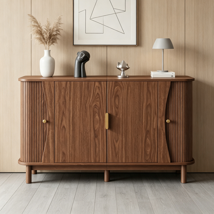 Merax Sideboard 140 x 40 x 88 cm aus MDF, Kommode mit geschwungenen Kanten, 2 Schiebetüren, Stauraumschrank, Walnuss