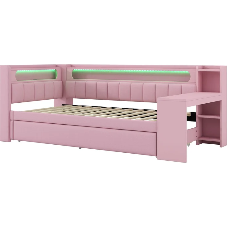 Gepolstertes 90x200 Tagesbett mit USB-Anschlüssen und LED-Gürtel, mit Ausziehbett und Schreibtisch, Rosa – Bild 9