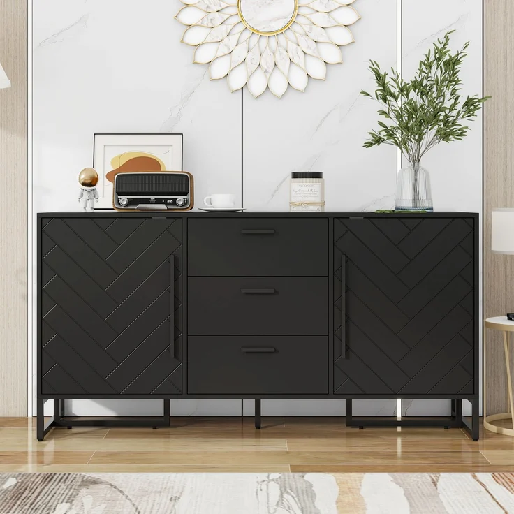 Merax Kommode, Schwarzes elegantes Sideboard mit Fischgrätenmuster, mit 2 Türen und 3 Schubladen für Esszimmer, Küche und Wohnzimmer – Bild 1