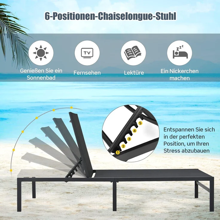 COSTWAY Sonnenliege mit 6-stufig verstellbarer Rückenlehne 150kg belastbar, Stahl/Stoff schwarz, 64 x 198 x 67-103 cm (L x B x H) – Bild 4