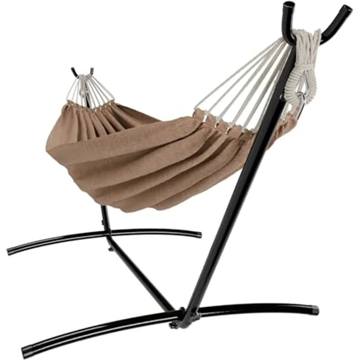 GARMIO Hängematte mit Gestell, 200kg Belastbarkeit, klappbar, inkl. Zubehör & Tragetasche, in Braun, 270x110x105cm – Bild 7