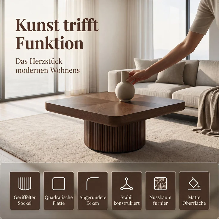 EINHOM 78 cm Holz-Couchtisch mit Rillen-Zylindersockel, Abgerundete Quadratische Dicke Platte, Landhaus-Mitteltisch, Einzeln oder als 2er-Kombination, Einfache Montage, Walnuss – Bild 4