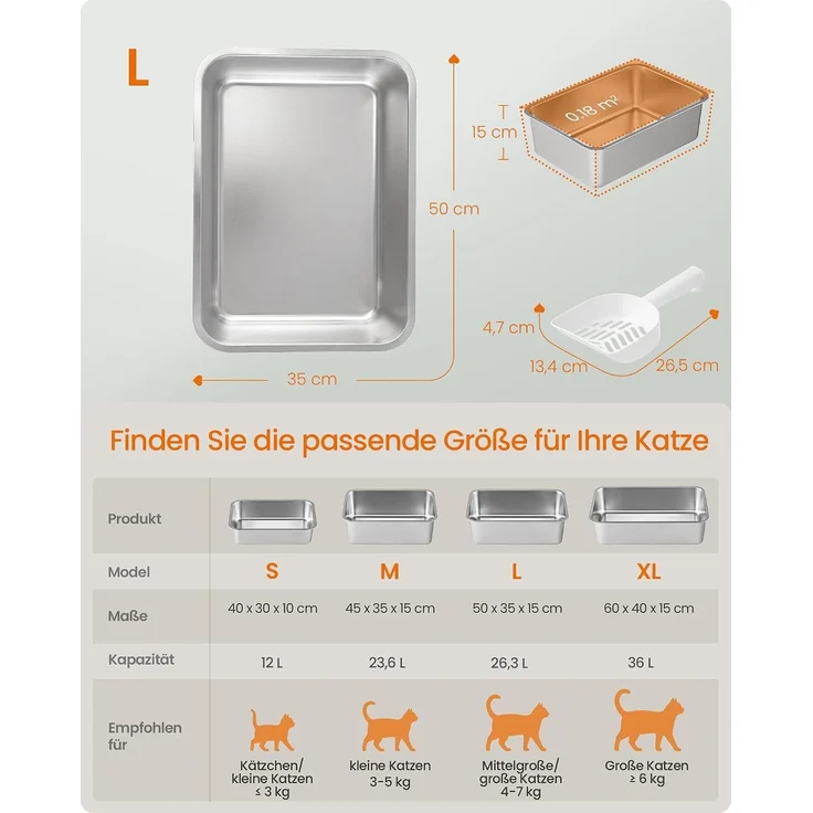FEANDREA Großes Edelstahl Katzenklo Offen mit Hohem Rand Geruchsfrei 50 x 35 x 15 cm Silber – Bild 5