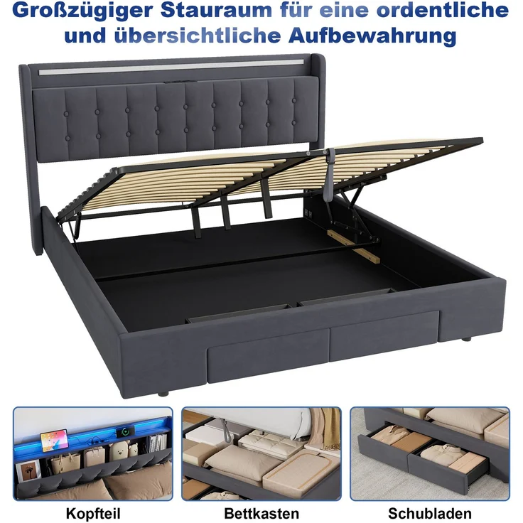 Polsterbett 180 x 200 cm, Samt, mit Bettkasten, Schubladen, USB-Anschluss und LED-Beleuchtung, Dunkelgrau – Bild 8