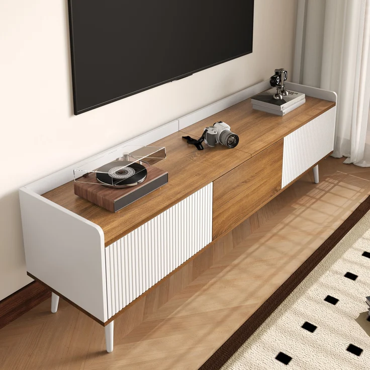 Stilvoller TV-Schrank mit 3 Türen – 160 cm, Weiß und Naturholz, stabil und geräumig, 160x39x49.5cm – Bild 4