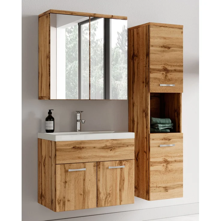 Badplaats Badmöbel Komplettset Montreal 60x35 cm Eiche - Badezimmermöbel mit Waschbecken, Spiegelschrank und Badezimmerschrank – Bild 2