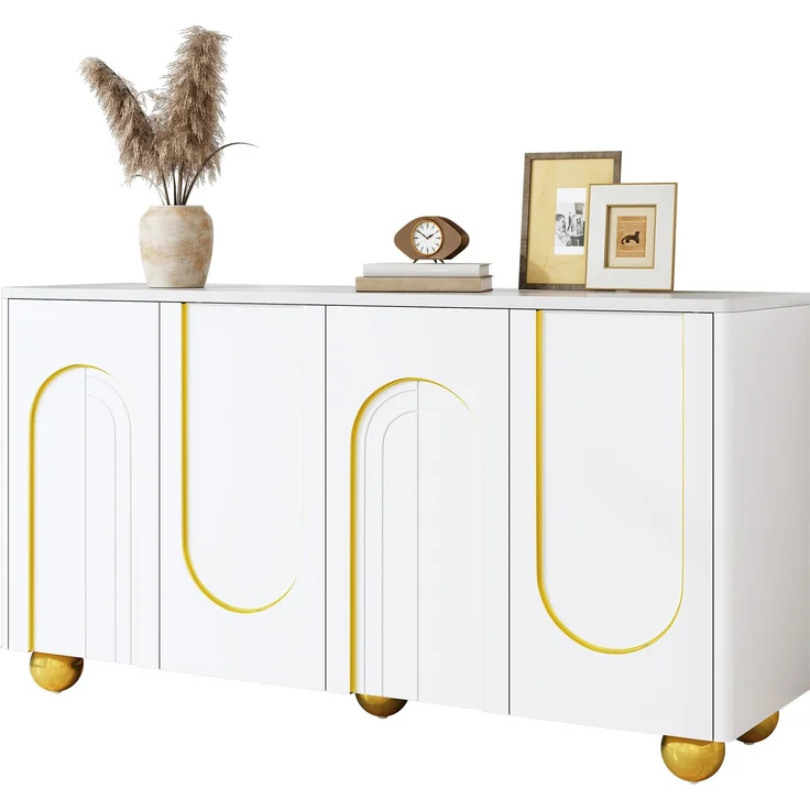 Merax Wohnzimmerschrank, Viertüriges Sideboard, Esszimmer Staurschrank mit Bogen-Goldlinien-Dekor, mit kugelförmigen Metallfüßen, Weiß – Bild 10
