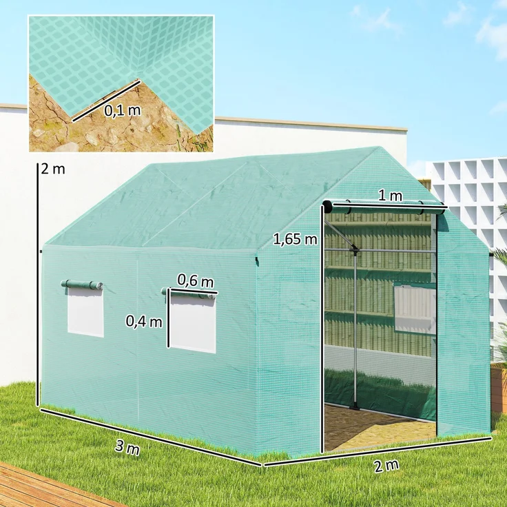 MELAYR, 2 x 3 m Tunnelgewächshaus, 6 m² mit Rolltor, 4 Fenster, – Verzinkter Stahl, hochdichtes PE, grün – Bild 5