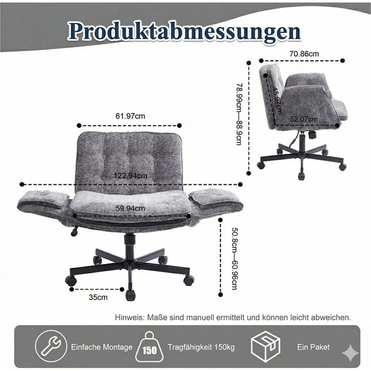 Leawin Drehstuhl Bürostuhl ergonomisch mit breitem Sitz & 5-fach Armlehnen, Schreibtischstuhl mit Chenille-Bezug, Rollen & 150 kg – Bild 2