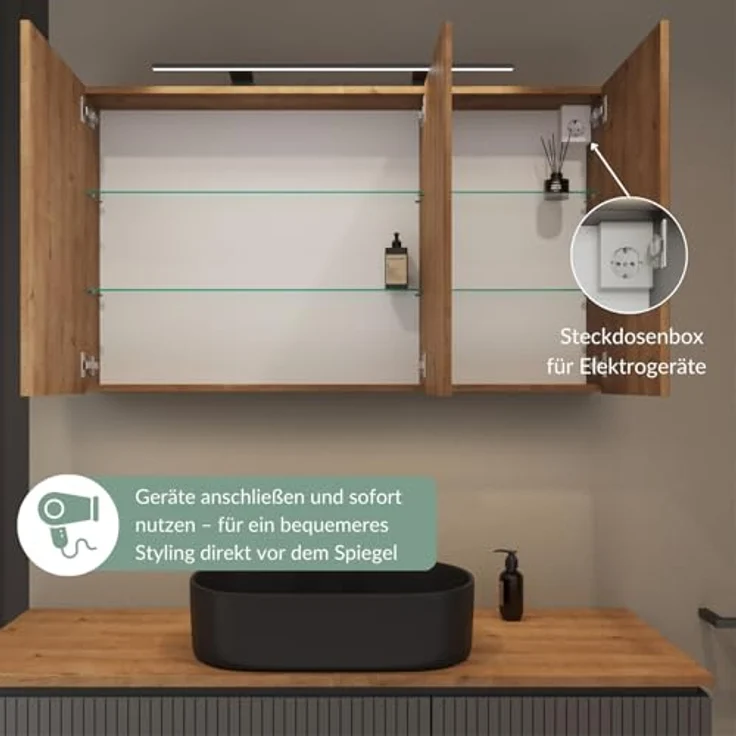 Planetmöbel ARIA Spiegelschrank Bad mit Beleuchtung 120 cm breit | Badschrank hängend mit Spiegel | Gold Eiche, mit Leuchte und Steckdose, Spiegelschrank Gäste WC 120 x 70 x 16 cm – Bild 7