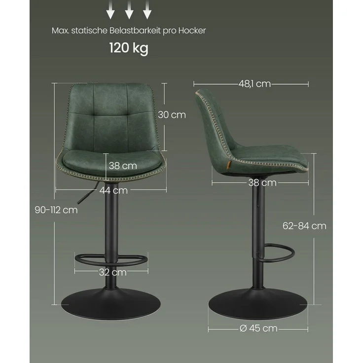 Vasagle Barhocker 2er Set, Barstühle höhenverstellbar, drehbare Küchenhocker, gesteppter PU-Bezug, mit Rückenlehne und Fußstütze, Esszimmer, Theke, Stahl, waldgrün LJBDE095C01 – Bild 2