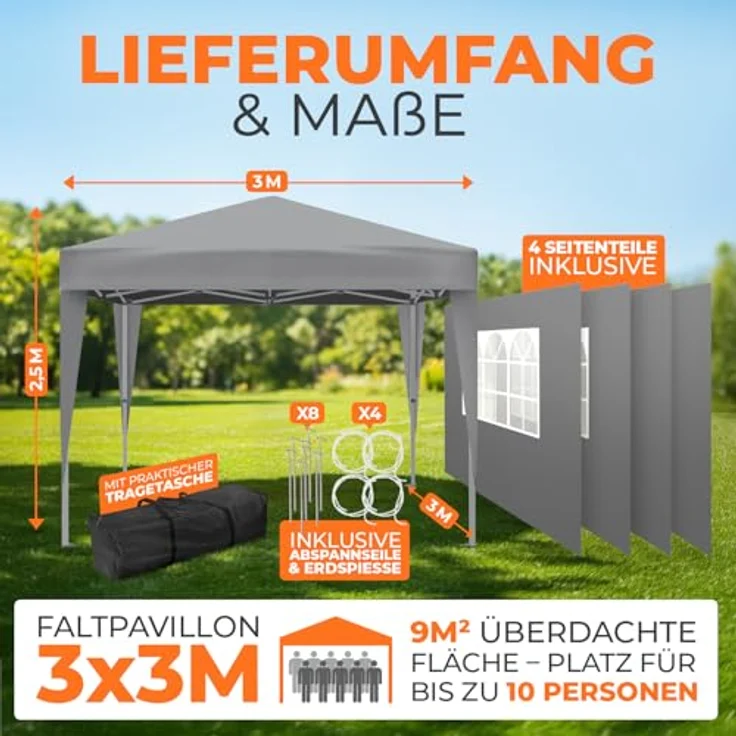 Kronenburg Faltpavillon wasserdicht Dachmaß 3x3 m UV Schutz 50+ Pavillon in Grau mit 4 Seitenteilen – Bild 3