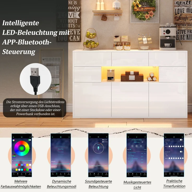 Merax 140*30*82cm Wohnzimmer-Sideboard, mit 3 Schubladen und 5 Schränken,Hochglanz-Kommode Mit LED-Lichtleiste,Schrank 140cm breit,MDF, weiß – Bild 9