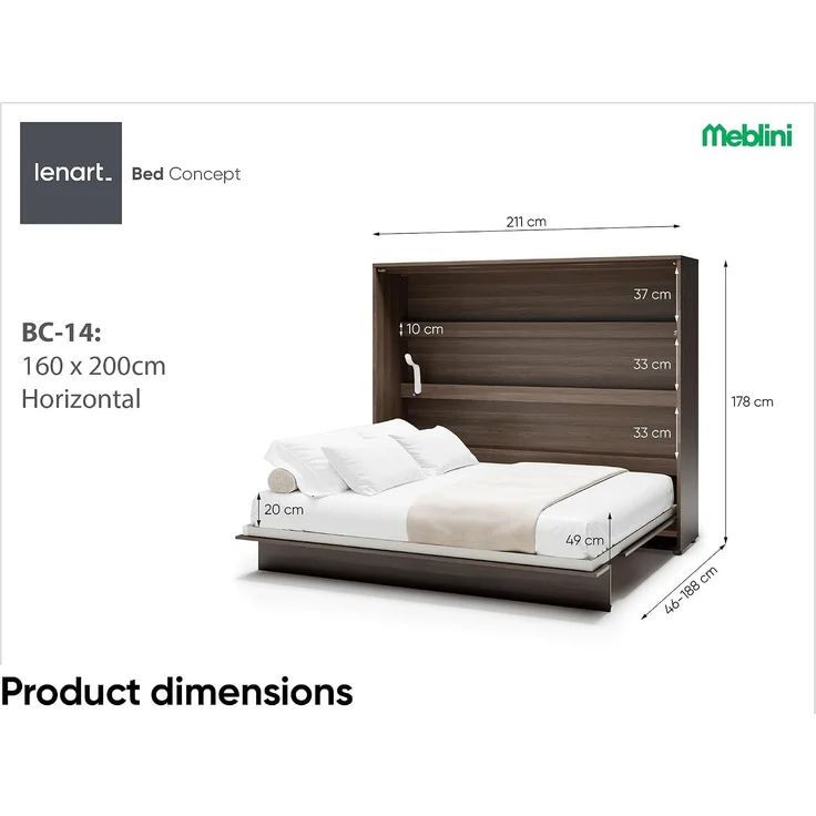 MEBLINI Schrankbett BC-14 - 160x200cm Horizontal - Dunin Eiche - Wandbett mit Lattenrost - Klappbett mit Schrank - Wandklappbett - Murphy Bed - Bettschrank – Bild 7
