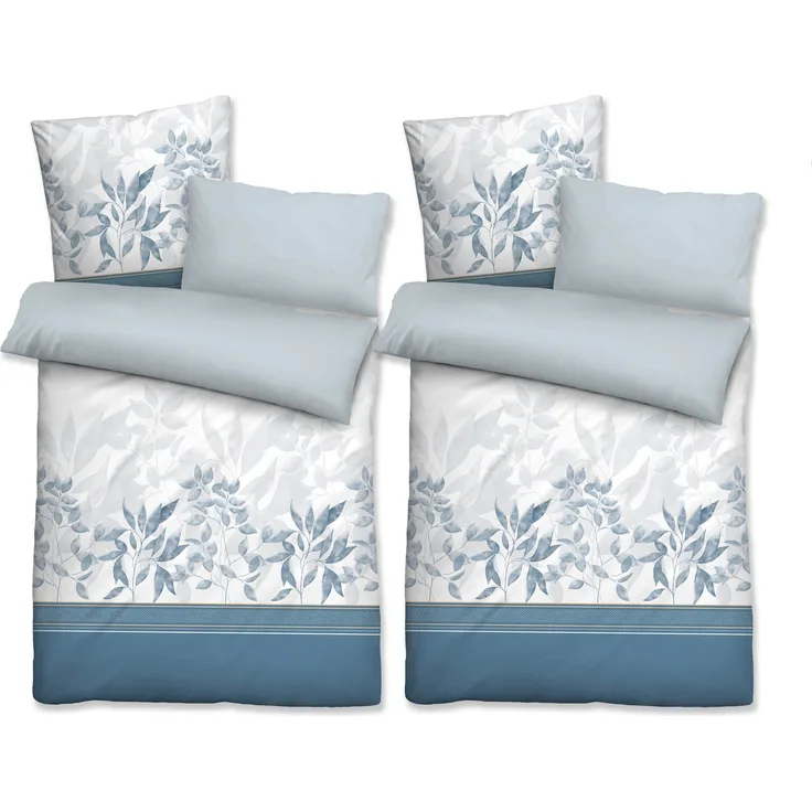biberna Baumwoll-Satin Bettwäsche 0615170 FLORAL, ciel, 2x 135x200 cm + 2x 40x80 cm + 2x 80x80 cm