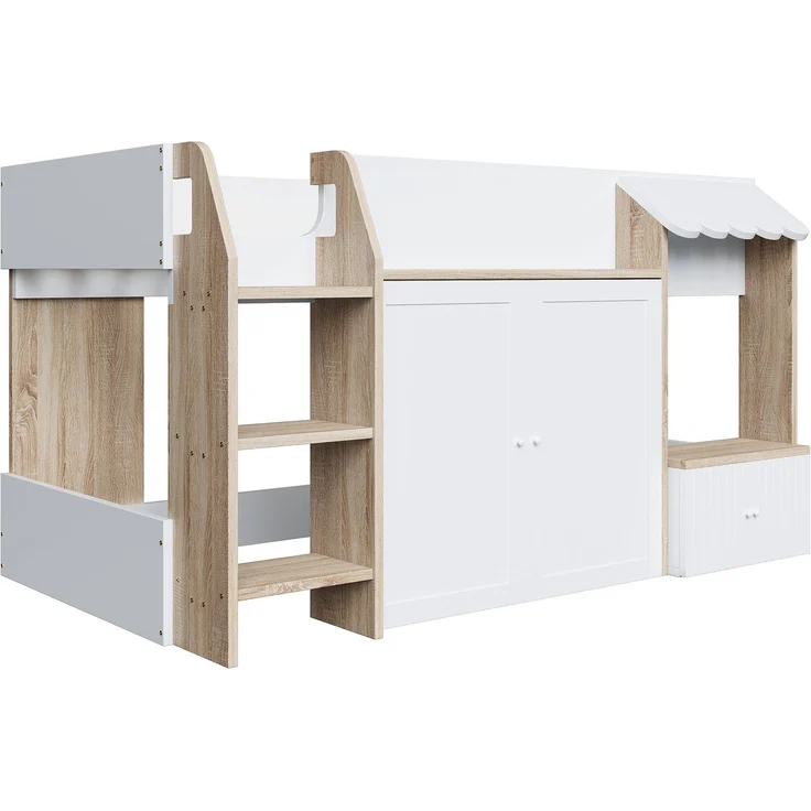Merax Kinderbett Hausbett 90x200cm, mit offenem Stauraum, mit Kletterleiter, Halbhohes Kinderhochbett, Massivholz-Kinderetagenbett ohne Matratze, Weiß+Holzfarbe – Bild 8