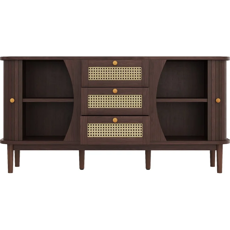 Merax Sideboard, Rattankommode, Kommode mit Schiebetüren, verstellbaren Einlegeböden und abgerundeter Platte, Walnuss – Bild 9
