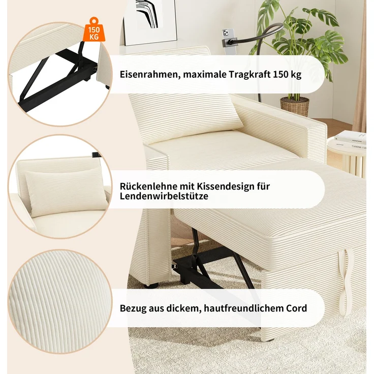 Multifunktionales faltbares Schlafsofa mit USB-Ladeanschluss und Handyhalter, 1-Sitzer Relaxsessel Sofa Bett umwandelbar, platzsparend für Wohnzimmer und Schlafzimmer, Cord Stoff, Beige – Bild 7