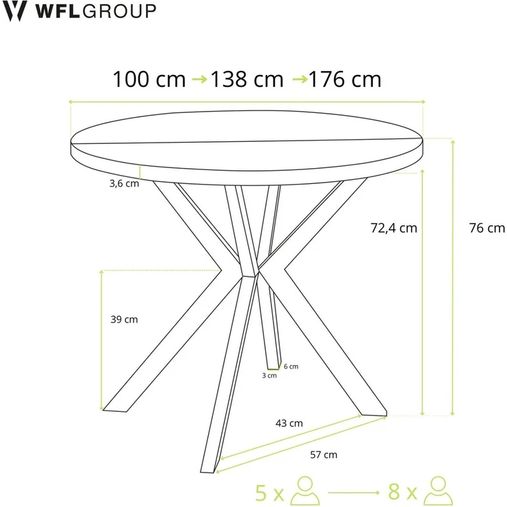 WFL GROUP Esstisch Ross ausziehbar rund industrial mit schwarzen Metallbeinen (MADE IN EU, erhältlich in 3 Größen – 90/100/120 cm ausziehbar auf 170/180/200 cm), platzsparender Tisch in Holzoptik für Küche, Esszimmer oder Wohnzimmer – Bild 2
