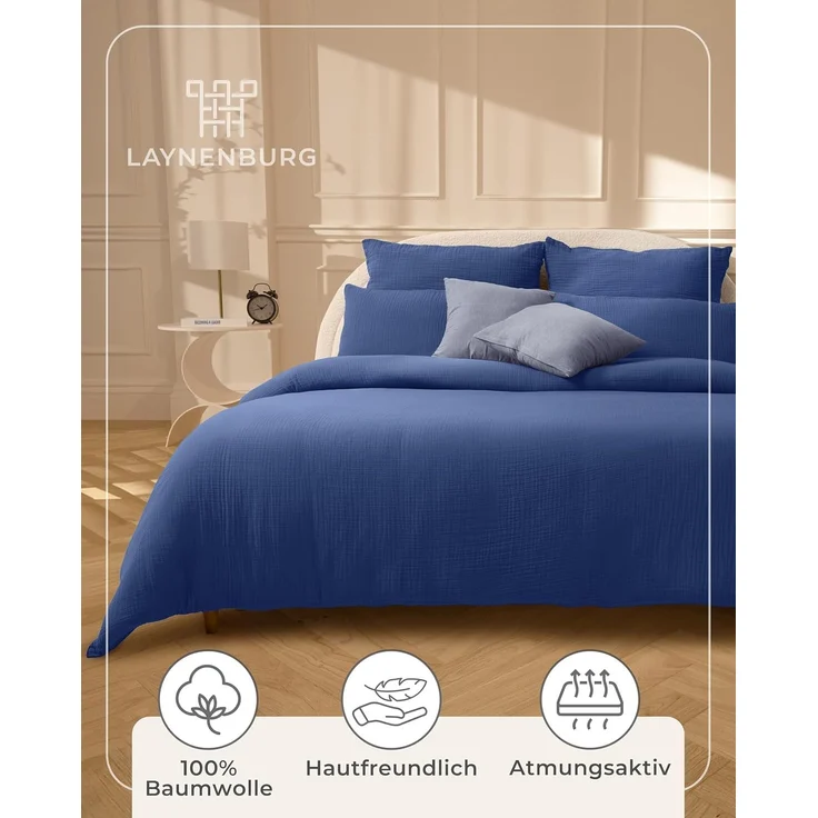 Laynenburg Bettwäsche Musselin aus 100% Baumwolle in 135x200 oder 155x220 cm, atmungsaktiv & bügelfrei – 3 lagig mit Reißverschluss & Haltebändern – Bild 4