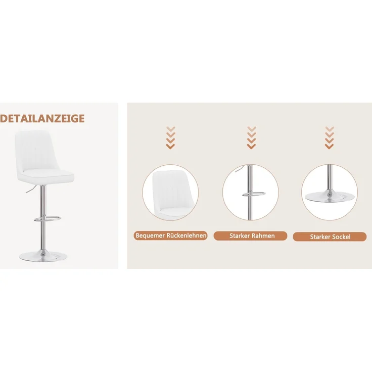 Höhenverstellbarer Barhocker im 2er-Set, 360° drehbar, Rückenlehne mit weißem PU-Leder und Steppmuster, Beine aus silbernem Metall. Geeignet für Kücheninseln und Bartheken.--Weiß+Silber--50x44x44cm--YOUDENOVA – Bild 4