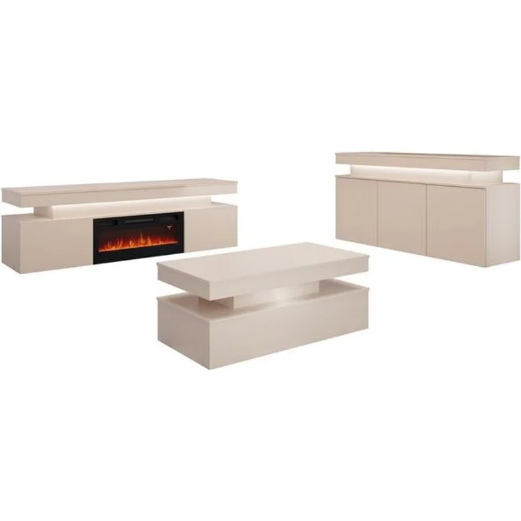 MIRJAN24 Wohnzimmer-Set Glossa Bis II, (3er-Set, Kommode, TV-Lowboard mit Kamin, Couchtisch), Weißer LED-Beleuchtung – Bild 4