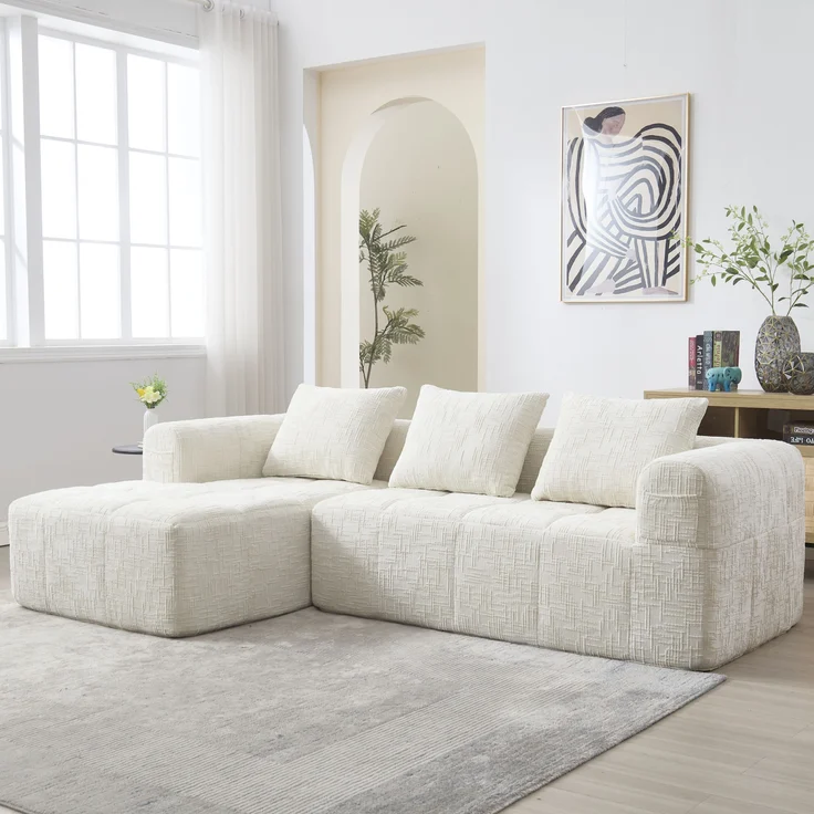 L-Form Sofa (3-Sitzer) mit Chaiselongue, Chenille, ohne Montage, 250x158x60 cm, Beige – Bild 2
