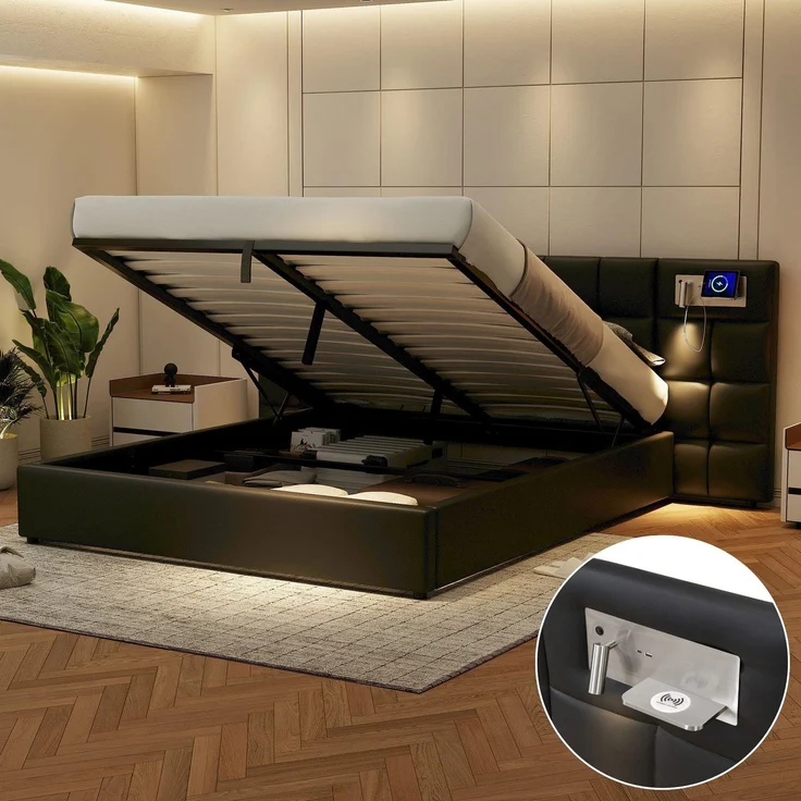 Polsterbett mit LED-Beleuchtung, Wireless Charger und Stauraum, extra breites Kopfteil mit Spots, Type-C und USB Anschlüssen, 180x200 cm, gepolsterter Kopfteil, Doppelbett, Stauraumbett, Kunstleder – Bild 3
