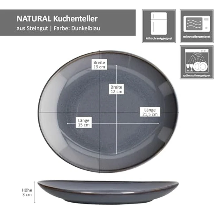 MÄSER Frühstücksteller Mäser 6x Natural Kuchenteller oval Steingut Frühstücks-Teller blau – Bild 6