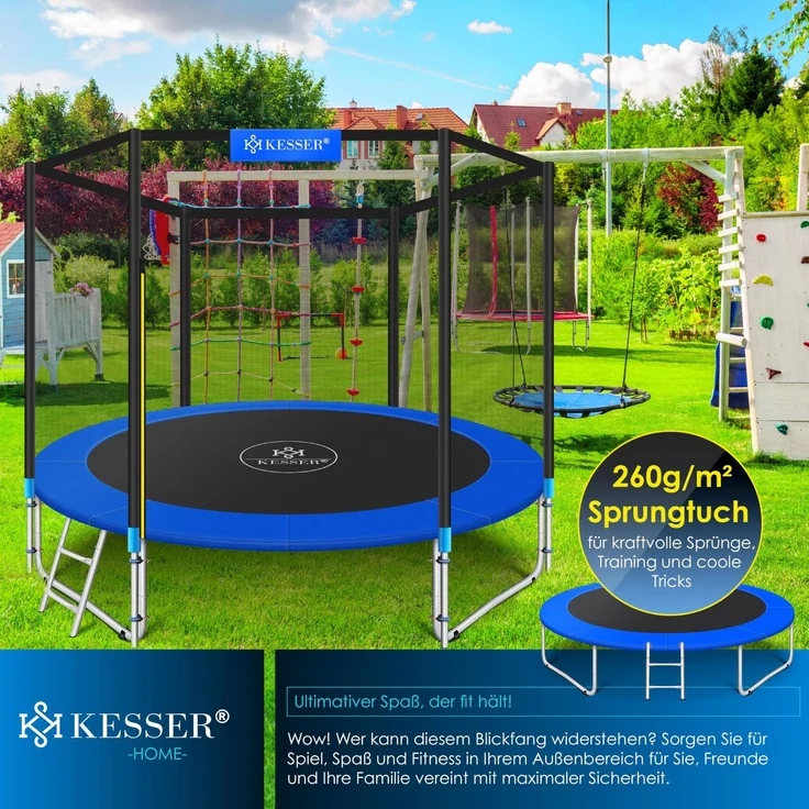 KESSER® - Trampolin Komplettset mit Sicherheitsnetz, Leiter, Randabdeckung & Zubehör, Belastbarkeit 150 kg, 366 cm, Blau – Bild 4