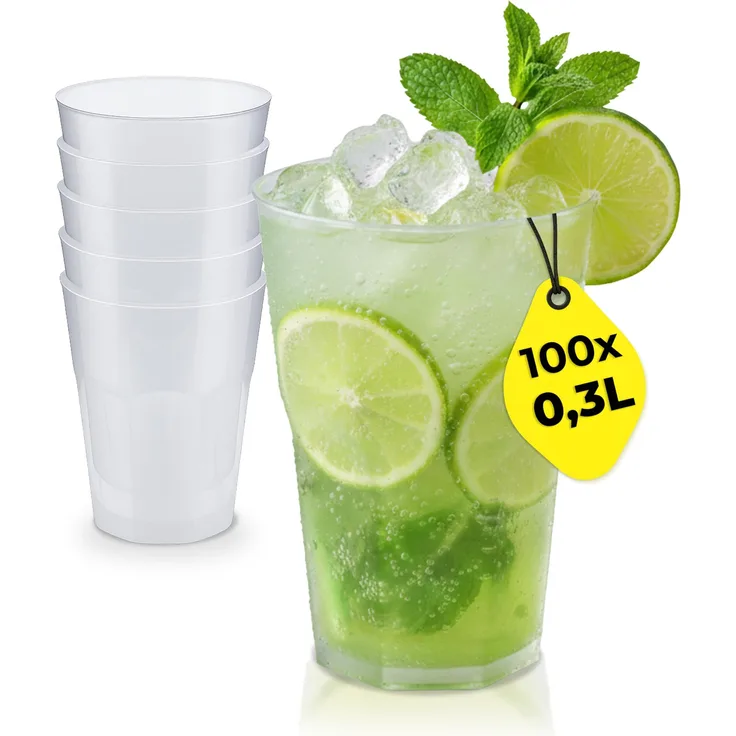 Silverkitchen 100x Cocktail Plastikbecher 0,3 L – Stapelbare Mehrweg Partybecher - Spülmaschinenfeste Hartplastik Becher für Events, Partys & Gastro