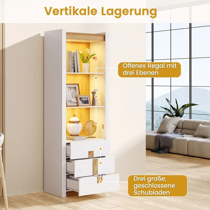 Vitrine 63 x 41,5 x 200 cm aus Spanplatte mit Schubladen und Bluetooth-LED-Beleuchtung – Bild 9