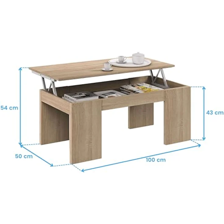 Calicosy Couchtisch Eiche Artisan, hochklappbar, 50x43x100 cm, mit Staufach und ABS-Gleitern – Bild 3
