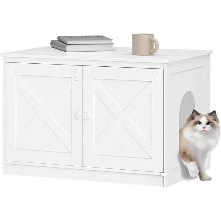 Katzenklo Schrank, Katzenschrank, Katzentoilette mit Herausnehmbarer Trennwand, Katzenhaus, Umkehrbarer Eingang Links oder Rechts, als Sideboard, 80 x 50 x 54 cm, Weiß – Bild 1