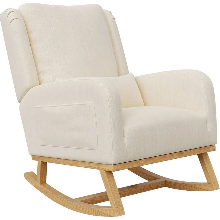 FUROKOY Schaukelstuhl Polster Relaxstuhl Leinen Schaukelsessel mit Holzsockel,2 Seitentaschen,1 Lendenkissen,Beige – Bild 1